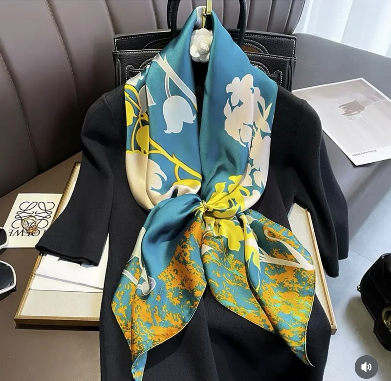 Teal floral silk scarf